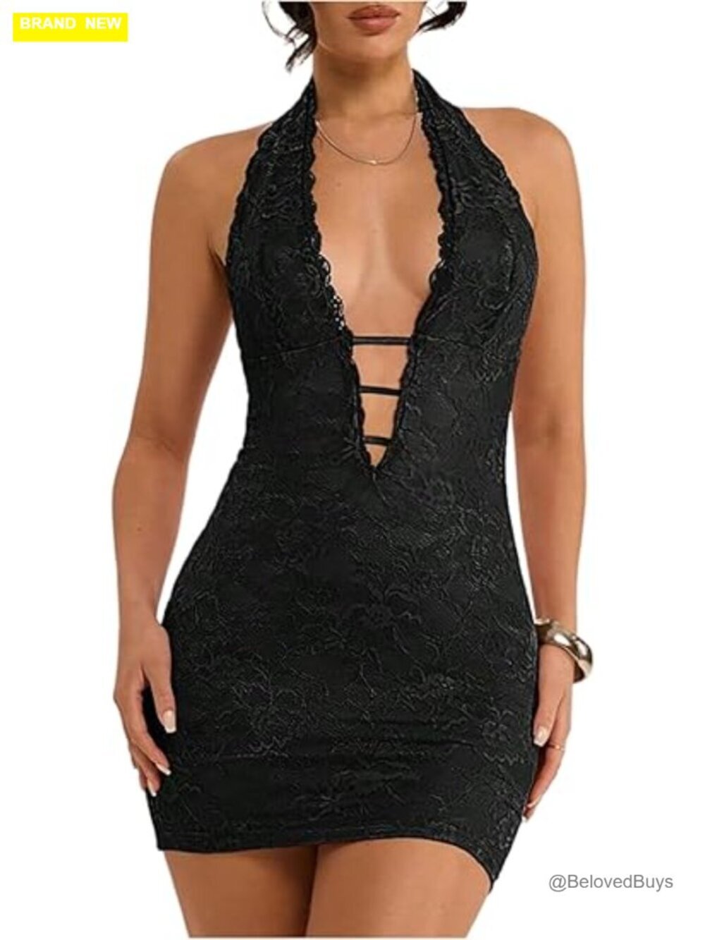 Sexy Deep V Neck Lace Halter Mini Dress Open Back Bodycon Club Dress Rave Outfit